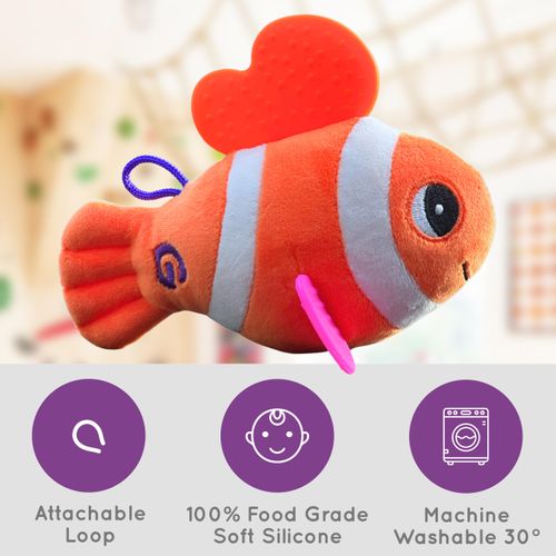 Gummee Fishee Plush Toy - Baby Teething Toy with Silicone Teether Fins - Helps Massage Tiny Gums & Stimulate Eyesight - Baby Sensory Toy for Newborns - Small Animal Plush for Babies Aged 0m +