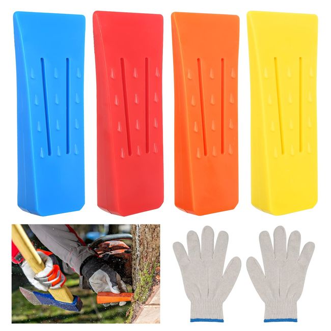 xnnmzhao Fällkeil Kunststoff, 4 Stück Forstkeil Baumkeile ABS Schlagfest, Kettensägen Fällkeil Set Passende Handschuhe Baum Fällkeil für Kettensäge Kettensägen Fällkeil Set