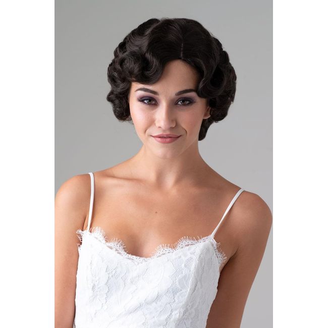 Brown 1920s 1930s style wig, short retro style with finger waves: Cecelia light chocolate brown #12