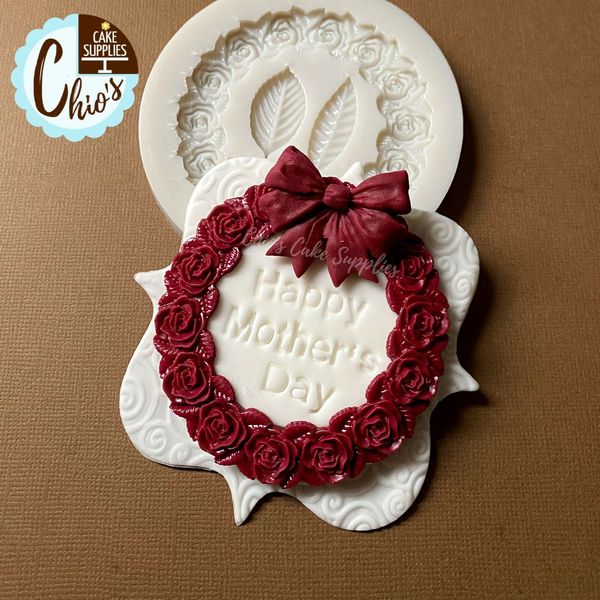 Rose wreath / floral round frame / leaves silicone mold