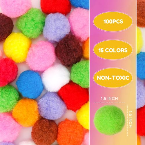 Caydo 100 Pieces 1.5 Inch Pom Poms 15 Colors Large Pom Poms Balls for Crafts for Kids DIY Art Creative Decoration