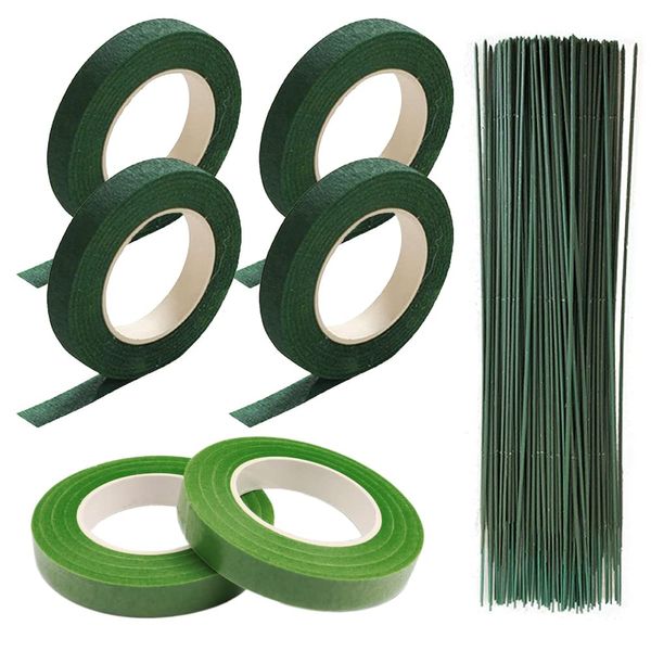 Artificial Flower Set, Flora Tape, 6 Rolls, Ground Wire, 50 Pieces, Light Green, Dark Green, Artificial Flower Tape, Flower Arrangement Kit, Crafts, DIY (56 Pieces)