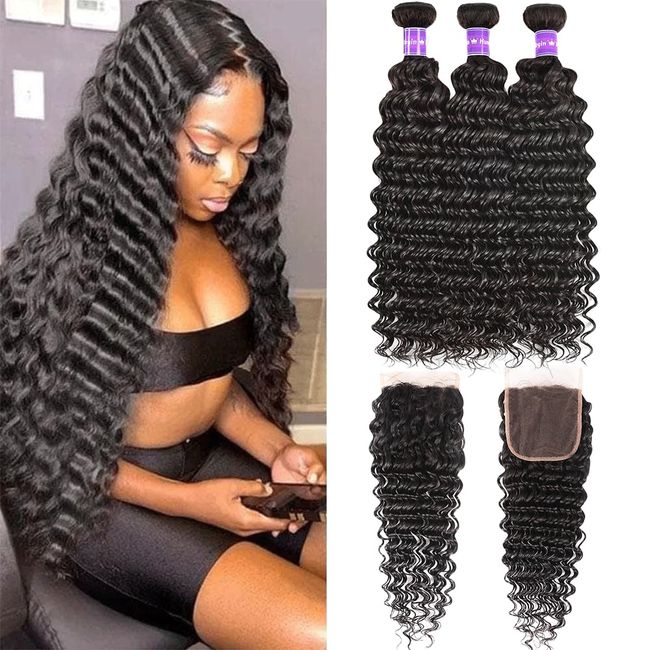 Brazilian Deep Wave Bundles with Lace Closure 9A 100% Unprocessed Virgin Deep Curly Weave Human Hair Bundles with 4×4 Free Part Lace Closure Natural Black Color for Black Women(16 18 20+14)