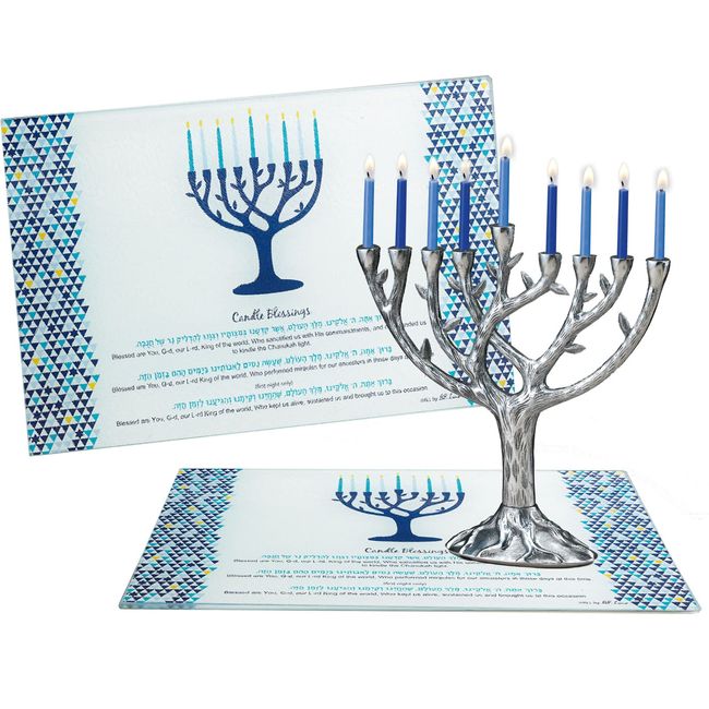 Rite Lite Hanukkah Tempered Glass Drip Tray Tree of Life Design for Menorah - Chanukah Tray Centerpiece Jewish Holiday Party Favor Decorations Gifts Judaica Decor Festival of Lights