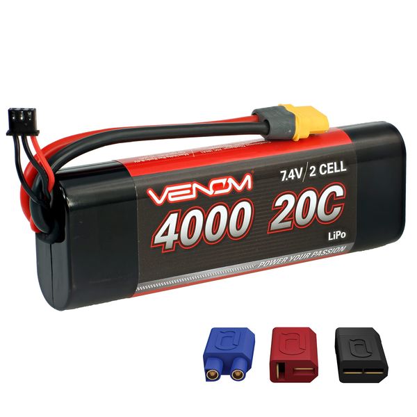 Venom Drive Series 20C 2S 4000mAh 7.4V LiPo Battery - Includes 12 AWG Soft Silicone Wire Connector, Patented Universal Plug/Adapter System Compatible with Deans, Traxxas, and EC3 Plug Types