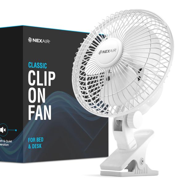 NEXAIR 6-Inch Clip on Fan,360 Degree Rotation,Two Speed Portable Clip Fan With Strong Clamp Grip,Quiet Operating Desk Fan Made Of Durable Material,Great For Bedroom,Office,Living Room NF001-WH-Q