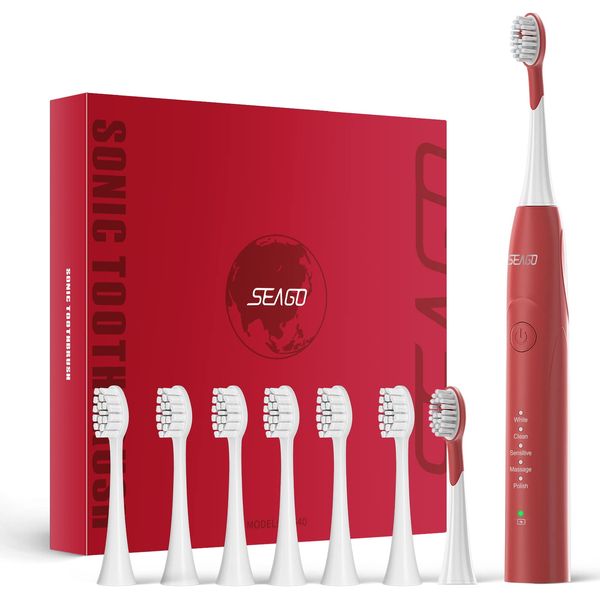 Seago Electric Toothbrush, Sonic Toothbrushes with 8 Replacement Brush Heads, Soft Toothbrush for Adults Rechargeable Toothbrush 5 Modes 42000 VPM with 2 Mins Smart Timers Gift Idea (Red)