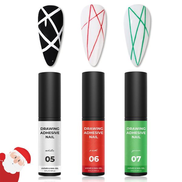 Gel Nail Polish Set, 3 Colors Gel Liner Nail Art Kit with Green Red White Painted Nail Gel, UV/LED Soak Off Painting Drawing Gel Liner Polish for Nail Art Design, Built-in Thin Brush