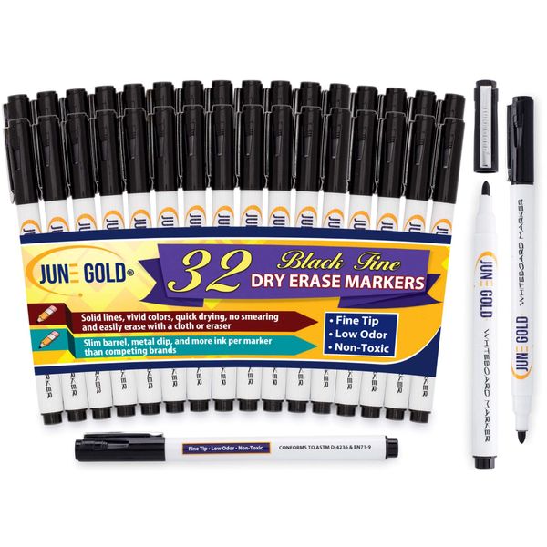 June Gold 32 Black Dry Erase Whiteboard Markers, Fine/Bullet Tip, Slim Barrel, Low Odor & Vivid Lines