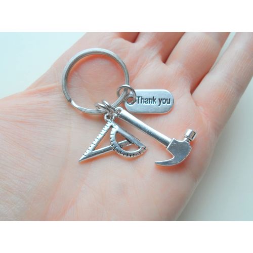 Builders, Construction Team, Contractor Keychain, Employee Thank You Keychain, Hammer, Protractor & Thank You Charm Keychain