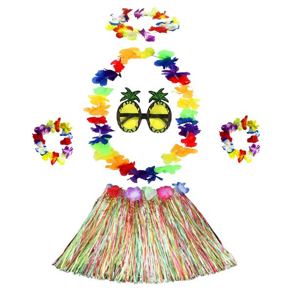 NITAIUN 6 Pack Hawaiian Hula Grass Skirt Sets, Coloured 40 cm Short Skirt, Pineapple Sunglasses, Hawaiian Lei, Flower Bracelets, Flower Headband, for Hawaiian Party, Summer Beach Party