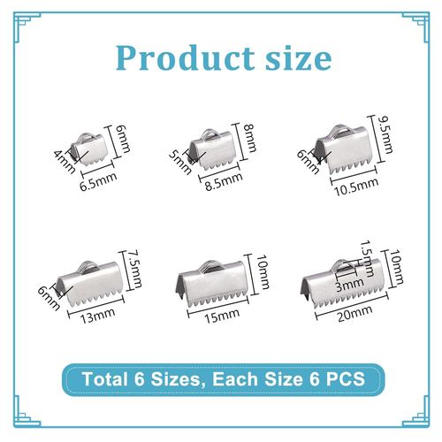 PH PandaHall 36 Pcs 304 Stainless Steel Ribbon Bracelet Bookmark Pinch Crimp Clamp End Findings Cord Ends Fasteners Clasp Leather Crimp Ends 6 Sizes 6.5-20mm for Jewelry Making