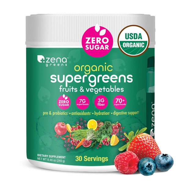 Zena Organic Super Greens Powder, 70+ Superfoods Drink Mix, 0 Sugar, 3G Fiber, Fruits, Veggies, Spirulina, Chlorella, Antioxidants, Pre & Probiotics, Digestive Enzymes, Mixed Berry Flavor, 30 Servings