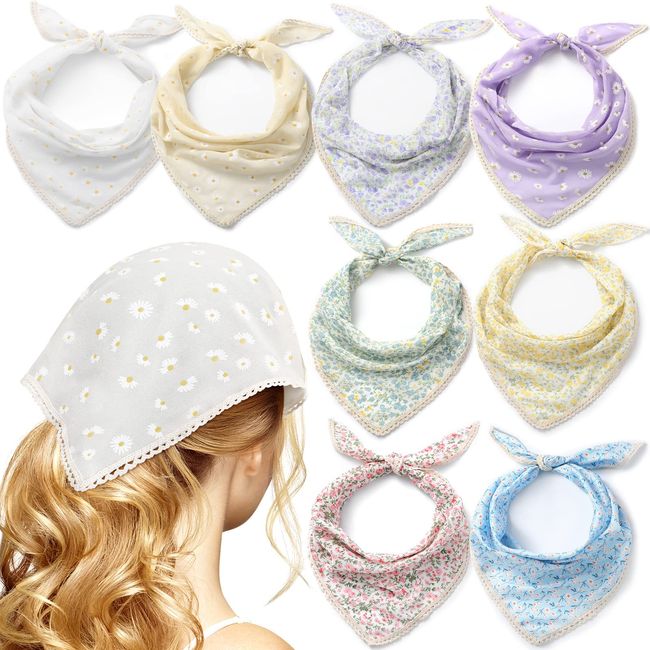 Kinlop 8 Pcs Floral Hair Bandanas Headband Triangle Boho Hair Scarf Headband Floral Printed Chiffon Head Kerchief Floral Hair Kerchief for Women Girls Hair Scarves Accessories (Novel Style)