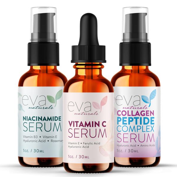 Natural Firm & Glow Skincare Set of 3 Serums – Skin Care Kit with 20% Vitamin C Serum, Peptide Complex Serum, Niacinamide Vitamin B3 Serum to Brighten Complexion and Smooth Wrinkles by Eva Naturals