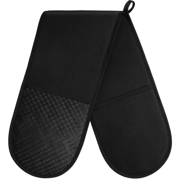 AUAUY 1 PC Black Double Oven Gloves, 250°C/482°F Heat Resistant BBQ Oven Mittens with Ropes, Silicone Non-slip Design Gloves-Oven Mitts, Cooking Oven Glove Mitts for Cooking Baking Grilling