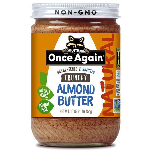 Once Again Natural Crunchy Almond Butter, 16oz - Roasted - Salt Free, Unsweetened - Gluten Free Certified, Peanut Free, Vegan, Kosher, Paleo - Glass Jar