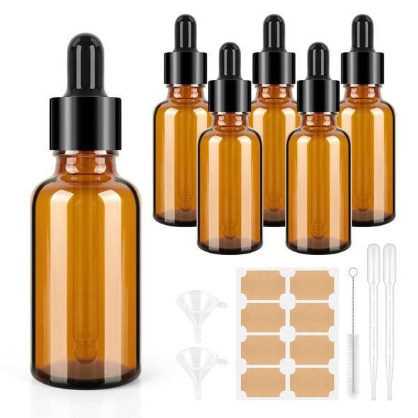 BELICOO Pipettenflasche 6Pcs 30ml Pipette Bottles Brown Glass Bottles, Braunglasflasche, Apothekerflasche mit Trichter Aufkleber und Etikett für Ätherische Öl, ParfüMöLe, Aromatherapie-Düfte