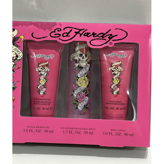 Ed hardy Womens 3pc Gift Set With 1.7oz+3oz Body Lotion+3oz Shower Gel