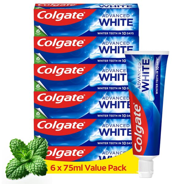 Colgate Advanced White Toothpaste, 6 x Multi Action Whitening Toothpastes with Cavity Protection Fluoride Formula for Whiter Teeth, Bulk/Value Set, 75 ml (Pack of 6)