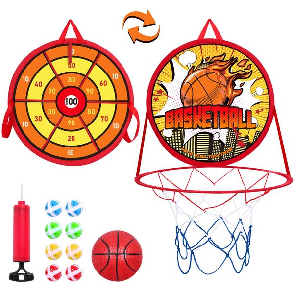 Shindel Basketball Hoop for Kids, Mini Basketball Hoop Toys, Indoor Basketball Hoop with 1PC Balls, with Bonus 8PCS Toss Sticky Balls with Dart Board for Slam Dunk Games Party Favors Aged 3-12