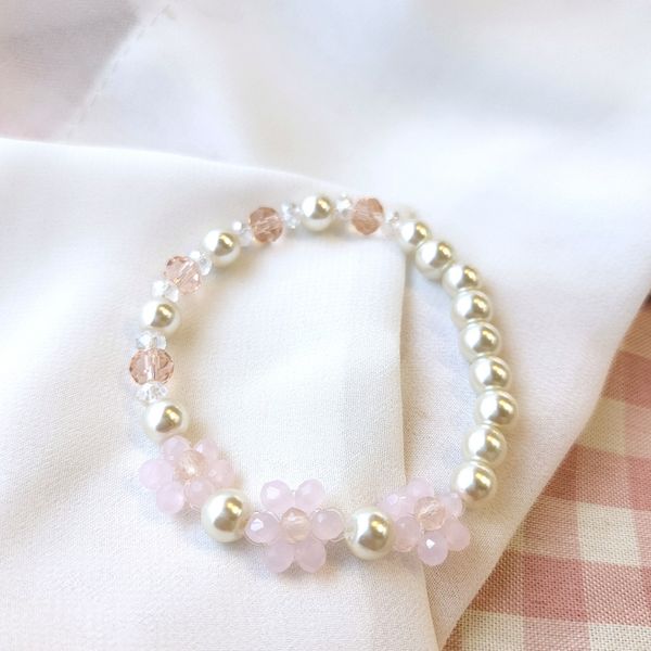 Soft Pink Flower Glass Pearl Bead Bracelet Self-made Handmade Accessory