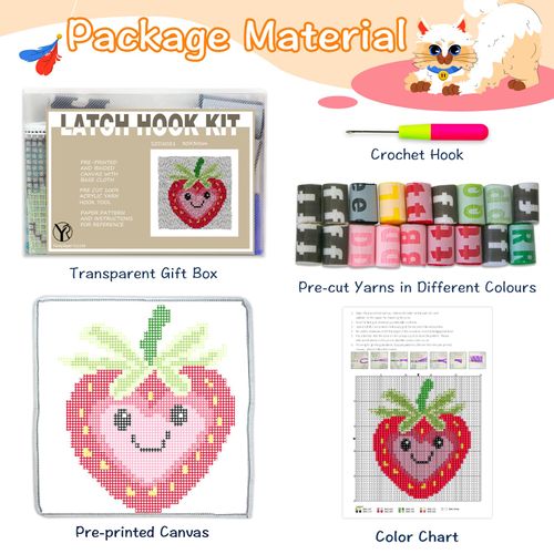 YP Strawberry Smiley Face Latch Hook Kit for DIY Craft Lovers - 12x12 Inch Crochet Rug Making Set, Fun & Creative Home Decor Needlework Project for Beginners