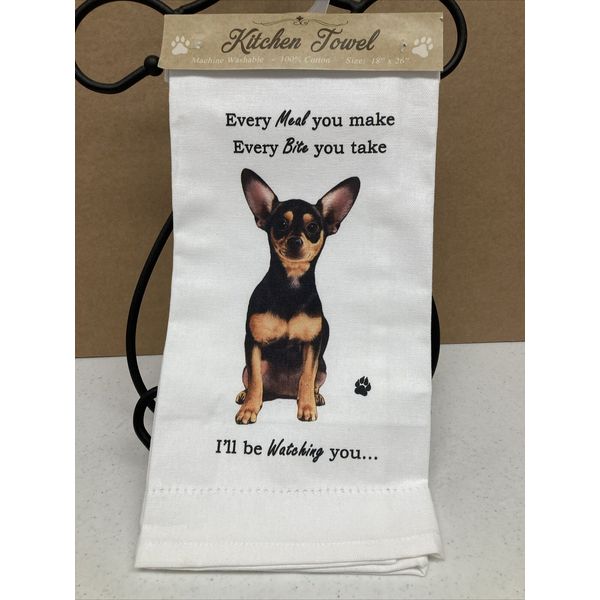 Dog Lovers Gift Kitchen White Tea Towel Chihuahua Black Breed 18”x26” NWT