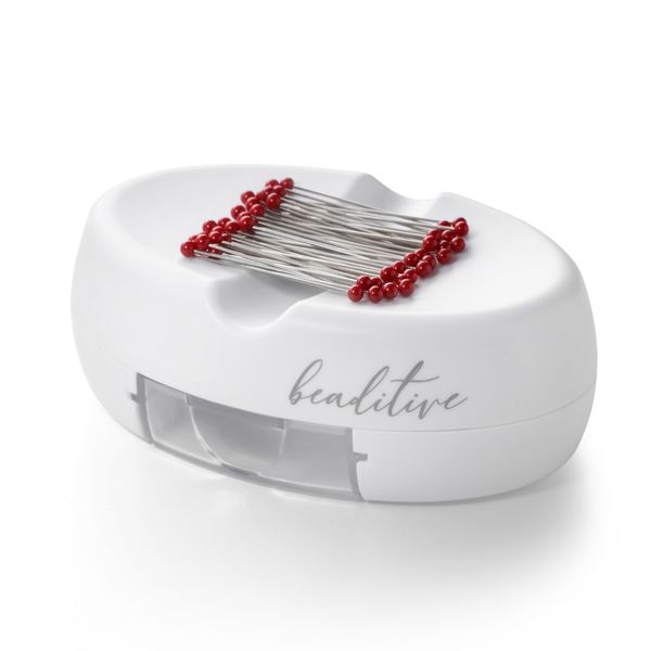 Beaditive Magnetic Pin Cushion with Drawer - Strong Magnet Pin Holder Cushions for Sewing - 50 Glass Head Quilting Pins Included - Chic Pincushion Caddy for Sewing Pins, Paper Clips (White)