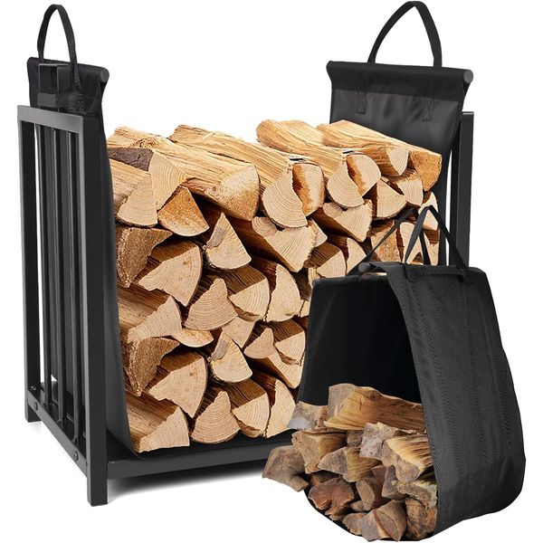 Firewood Rack Fireplace Log Holder with Canvas Carrier, Outdoor Indoor Firewood