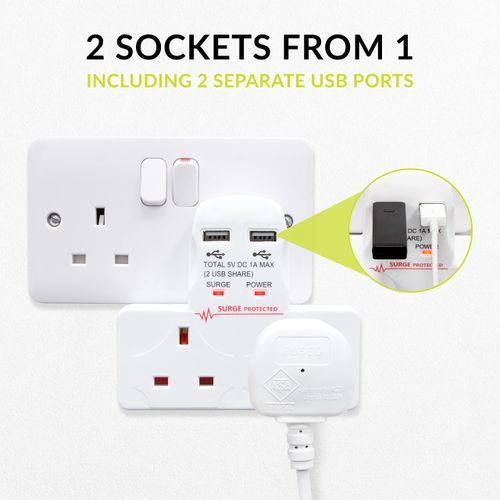 Benross 45600 Standard 2 Way Wall Adaptor Socket / Includes 2 USB Slots / Surge Protected / 1 Amp USB Charging Current / Compact & Lightweight Design / UK Plug Sockets
