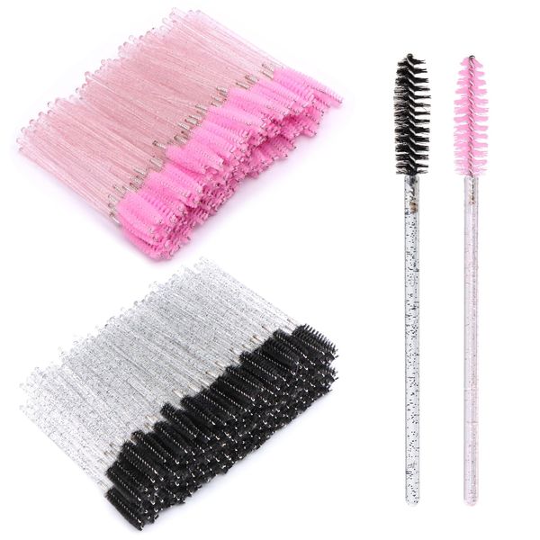 VEGCOO 200 Stück Kristallstab Wimpernbürste, 100 Stück Rosa + 100 Stück Schwarze Augenbrauen Bürste Massive Kristallstab-Mascara-Bürste zum Kämmen Der Augenbrauen