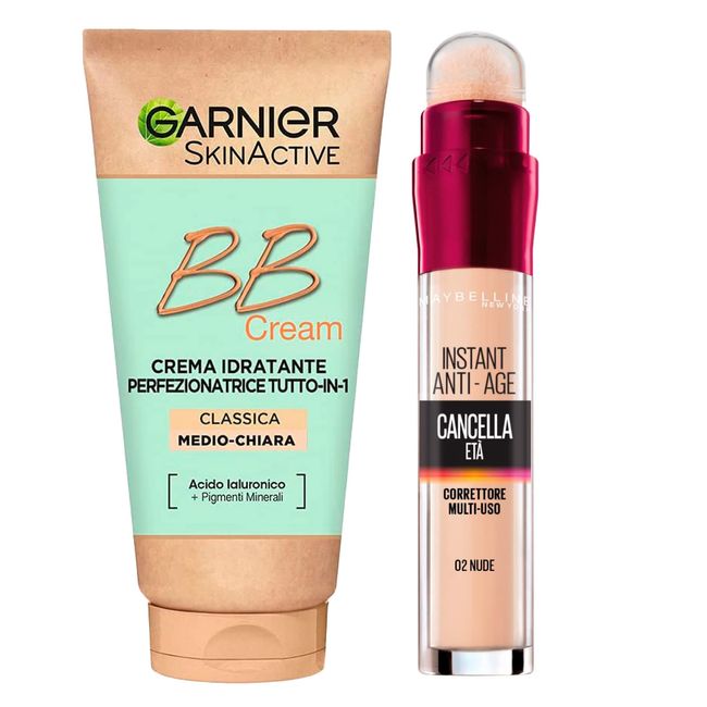 Garnier Skinactive BB Cream Perfecting Moisturizing Face Cream SPF25 Medium-Light Tone + Age-Removing Mehrzweck-Flüssig-Concealer Farbe 02 Nude mit Schwammapplikator