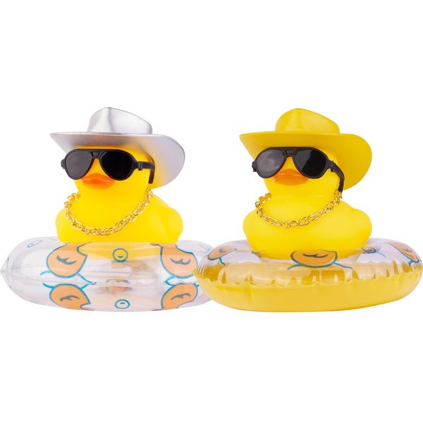 MuMyer Car Rubber Duck 2Pcs Duck Car Dashboard Decorations Yellow Duck Car Ornaments for Car Dashboard Decoration Accessories with Mini Swim Ring Cowboy Hat Necklace and Sunglasses