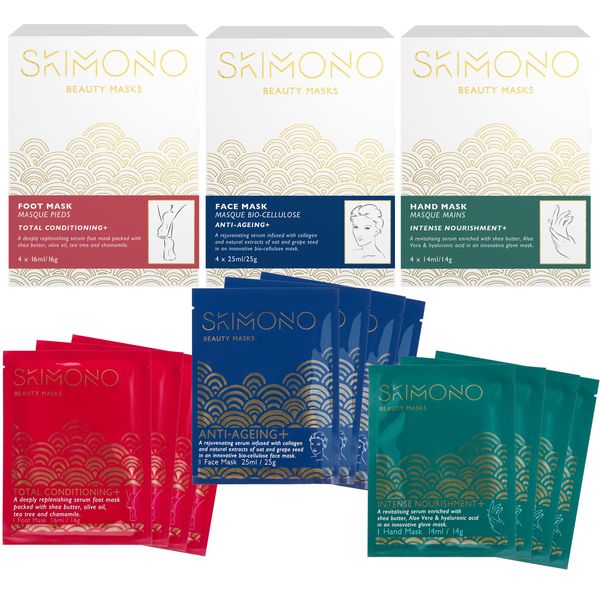 SKIMONO Super Bundle - Anti-Ageing Face Mask, Footmask & Handmask Set - 12 Masks (4x Face, 4x Foot, 4x Hand) for Youthful Skin, Hydrating Beauty Treatment, Bio-Cellulose Masks