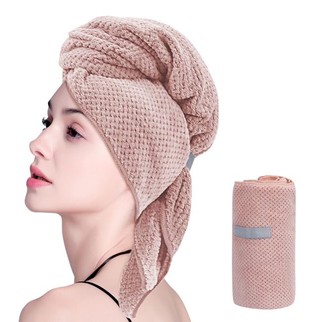 Unaone Microfiber Hair Towel Wrap for Women, Super Soft Large Hair Drying Towels with Elastic Strap, Anti Frizz Fast Drying Hair Turbans for Wet Hair, Thick, Long, Curly Hair (Pink)