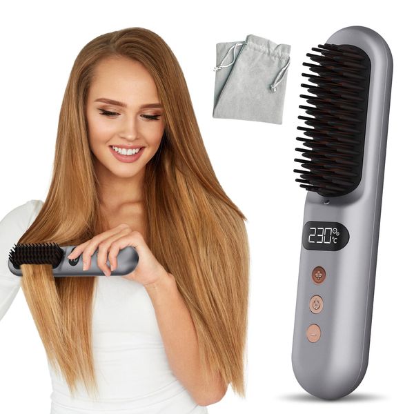 Hair Straightener Brush UK, Fast Heating Ceramic & Anti-Scald Design, Cordless Hair Straightening Comb with 9 Temp Settings (150℃-230℃), Hot Straightening Brush for Hair Styling