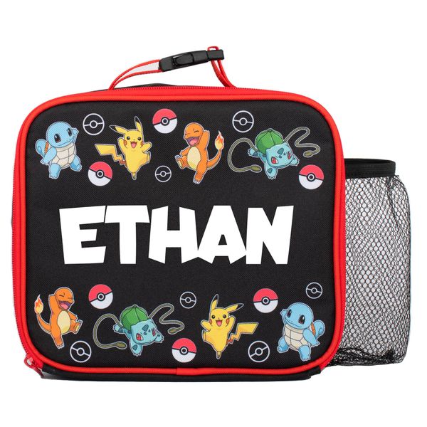 Pokémon Personalised Children’s Lunch Bag - Children’s School Lunch Bag for Boys & Girls - Pikachu Insulated Lunch Bag for Kids - Pokemon Lunch Box, Black/Red