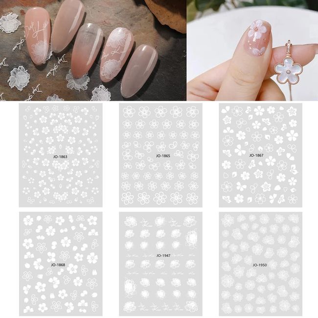 Chisafly Nail Stickers, Flowers, White, Petals, See-through, Cherry Blossom, Nail Stickers, Flowers, White, Set of 6