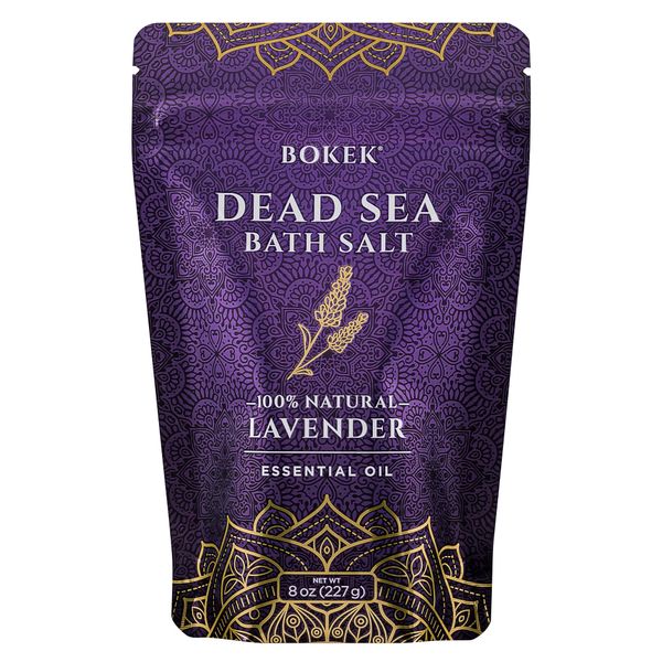 Bokek Organic Lavender Bath Salt, Dead Sea Salt Scented with Certified Organic Essential Oil, 8 Ounce Resealable Pouch