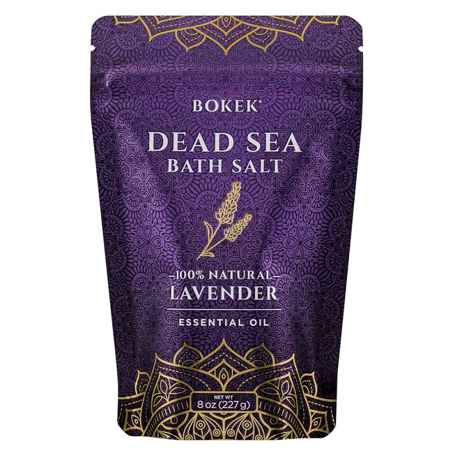 Bokek Organic Lavender Bath Salt, Dead Sea Salt Scented with Certified Organic Essential Oil, 8 Ounce Resealable Pouch