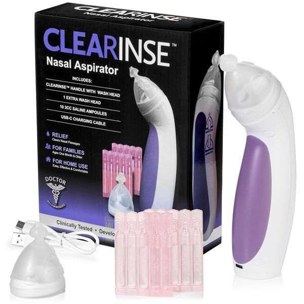 CLEARinse Nasal Aspirator Starter Kit | 1x CLEARinse Electric Aspirator, 2X Wash Head, 10x Saline Pods | Fast-Acting | Safe for Babies | USB-C Rechargeable