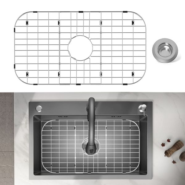 Stainless Steel Sink Protector 26"x14" with Center Drain, Metal Sink Rack for Bottom of Sink, Kitchen Sink Grate and Sink Protectors with Sink Strainer (26" x 14" - Center Drain)