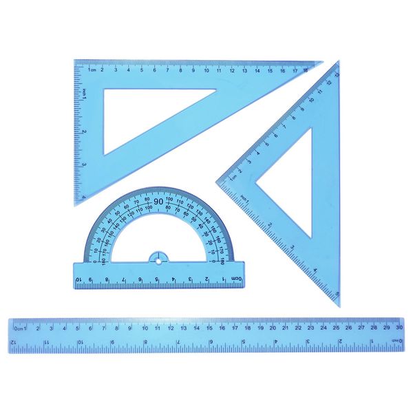 sourcing map 4pcs Triangular Ruler Set 30cm Plastic Metric Inch Geometric Protractor Triangle Engineering Scale Drafting Ruler Kit for Office Home, Blue