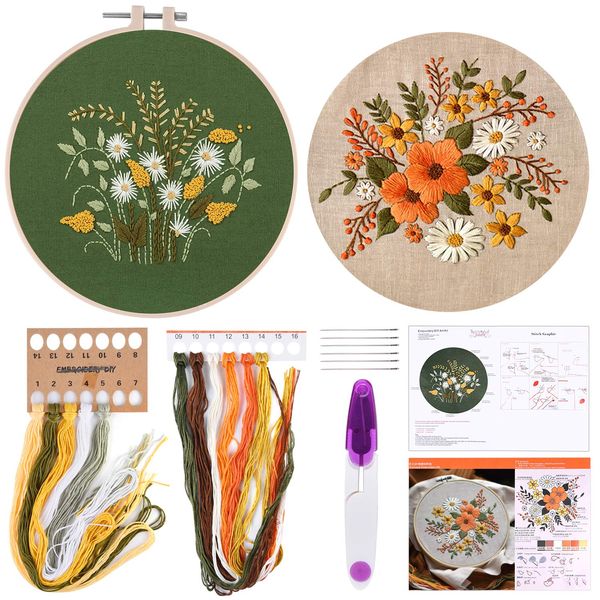 FEPITO 2 Sets Full Range Embroidery Starter Kit with Pattern and Instructions Cross Stitch Kit Includes 2 Pcs Embroidery Clothes with Floral Pattern, 1 Pcs Plastic Embroidery Hoops, 1 Pcs Scissor