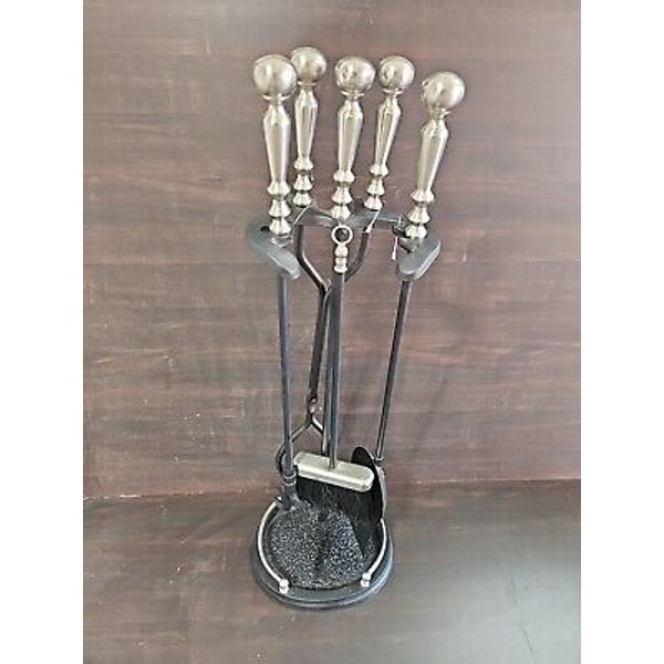 Five Piece Fireplace Tool Set, Black and Silver