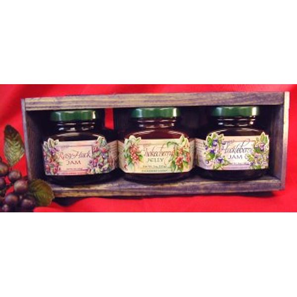 Jam & Jelly 3 different 5oz Jar Handcrafted Gift Crate, this Set is from Huckleberry Haven and features Chokecherry Jelly, Huckleberry Jam and Rasy-Huck Jam