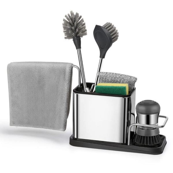 Kitchen Sink Caddy Organiser with Washing Up Brush - Sink Tidy Organiser with Drip Tray - Kitchen Sink Organiser Sponge Holder – Kitchen Cleaning Utensil & Cloth Holder