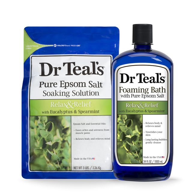 Dr Teal's Epsom Salt Soaking Solution and Foaming Bath with Pure Epsom Salt, Eucalyptus 3 Pound Bags, and 34 Ounce Bottle (Packaging May Vary)