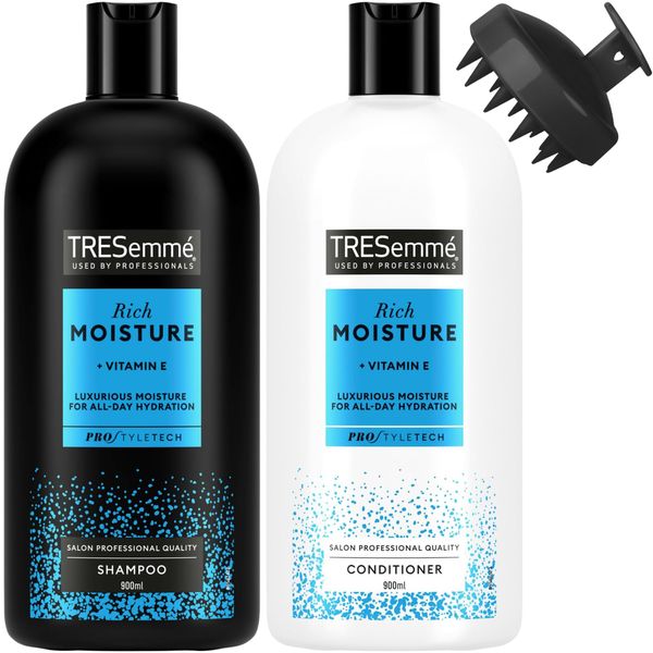 Rich Moisture Shampoo and Conditioner Duo 900ml - Bundle Pack for Dry or Dull Hair with Hair & Scalp Massage Brush - Twin Pack 900ml each